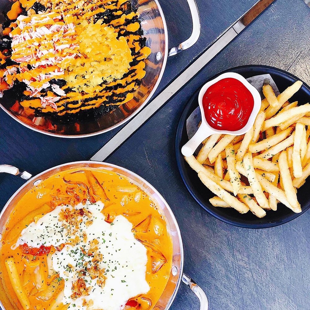 Woojoo Bunsik - rose tteokbokki with added flat sweet potato noodles and cheese, fries and spicy crab rice balls - Korean Near Me - Toronto, Ontario Woojoo Bunsik - rose tteokbokki with added flat sweet potato noodles and cheese, fries and spicy crab rice balls - Korean Near Me - Toronto, Ontario
