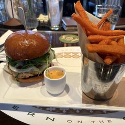 Salmon, burger and sweet potato fries Salmon, burger and sweet potato fries