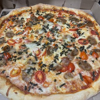 Marino's - Fresh Tomato and Basil Pizza with sausage - Pizza Near Me - Miami, Florida Marino's - Fresh Tomato and Basil Pizza with sausage - Pizza Near Me - Miami, Florida