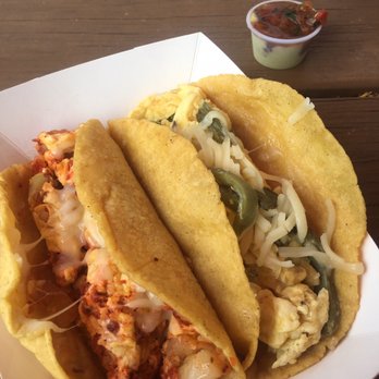 Granny's Tacos - Potatoes chorizo & egg on the left, and Cactus cheese & egg on the right - Food Trucks Near Me - Austin, Texas