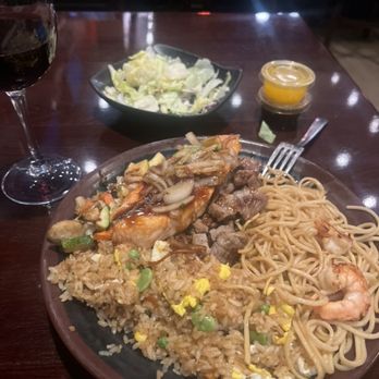 Tokyo Garden - Hibachi Steak and Salmon with garlic and ginger sauce  House Red Wine - Sushi Bars Near Me - Tulsa, Oklahoma