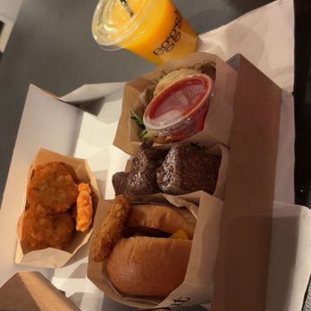Eggslut - French toast, sticks, hashbrowns, orange juice, and a bacon egg sandwich - Breakfast & Brunch Near Me - Las Vegas, Nevada