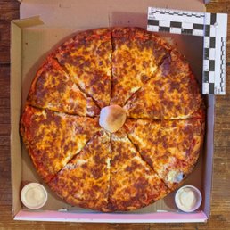 a cheesy cheese pizza in a box