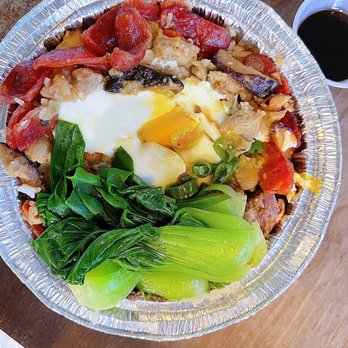 Rice Monster - 滑鸡排骨 Chicken & Pork Rib Claypot Rice ($15.99) + Chinese Sausage ($1.99) + Poached Egg ($1.99) - Asian Fusion Near Me - Millbrae, California