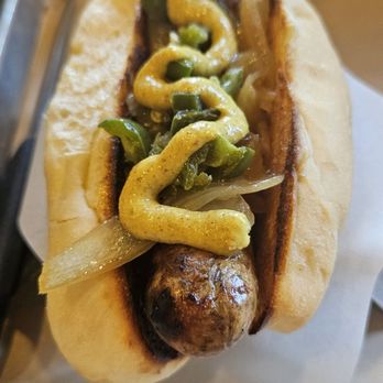 Bangers & Brews Eugene - Wild Boar with Garlic & caramelized onion, spicy peppers, and whole grain mustard - German Near Me - Eugene, Oregon