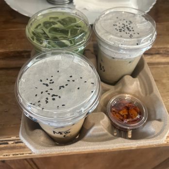 Mother Dough Bagels - miso caramel latte with black sesame foam, double black sesame latte, matcha with honey, side of chili oil - Bagels Near Me - Santa Barbara, California Mother Dough Bagels - miso caramel latte with black sesame foam, double black sesame latte, matcha with honey, side of chili oil - Bagels Near Me - Santa Barbara, California