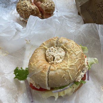 The Bagelry - Lox on everything (back), Garden Egg Sammie on Asiago (front) - Bagels Near Me - Cincinnati, Ohio