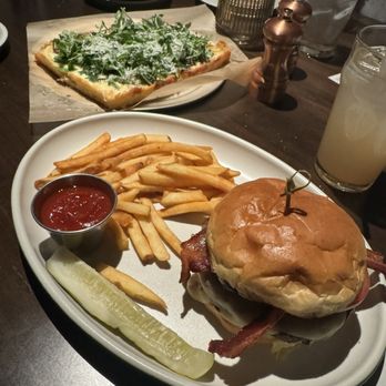 Culinary Dropout - Front: Pub Burger; Middle: Black Truffle Mushroom Pizza - New American Near Me - Dallas, Texas