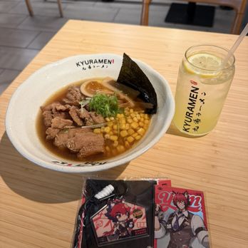 Kyuramen x TBaar - ZZZ Spicy Chili Chicken Ramen (Non-Spicy version), Sparkling Lemonade & random freebies of Komano Manato Keychain and item code Card - Desserts Near Me - Arcadia, California