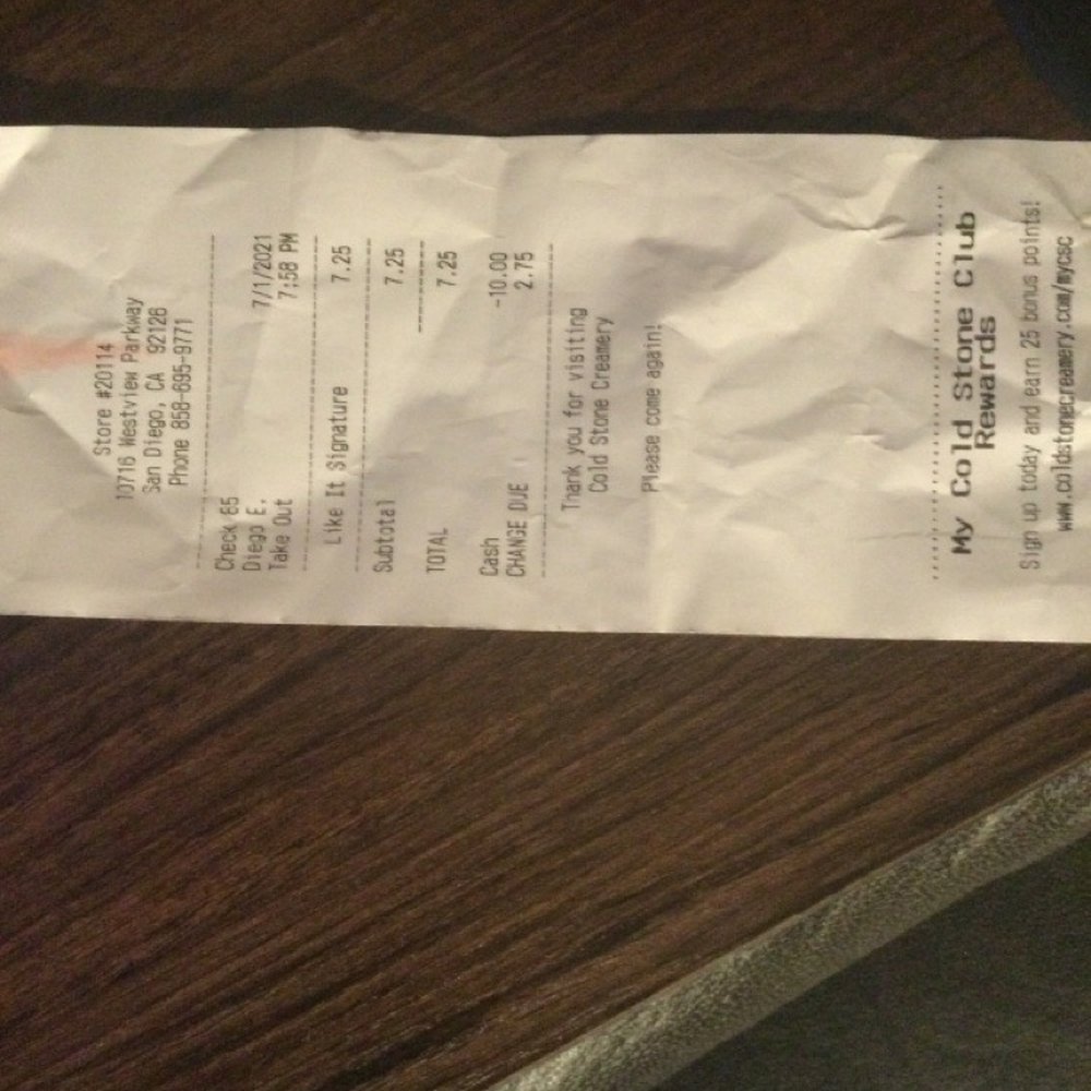 Cold Stone Creamery - Receipt - Ice Cream & Frozen Yogurt Near Me - San Diego, California Cold Stone Creamery - Receipt - Ice Cream & Frozen Yogurt Near Me - San Diego, California