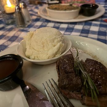 The Angus Barn - Filet Mignon (Bacon Wrapped) with mashed potato - Steakhouses Near Me - Raleigh, North Carolina The Angus Barn - Filet Mignon (Bacon Wrapped) with mashed potato - Steakhouses Near Me - Raleigh, North Carolina