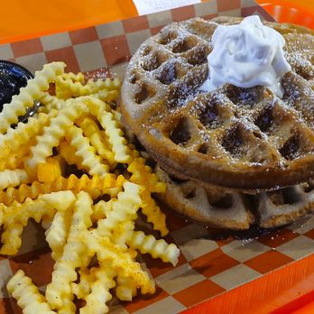 Perfect Tender Hot Chicken - The chicken & waffle sando. Great fries, pretty good waffles, and two chicken tenders inside. - Chicken Wings Near Me - San Antonio, Texas