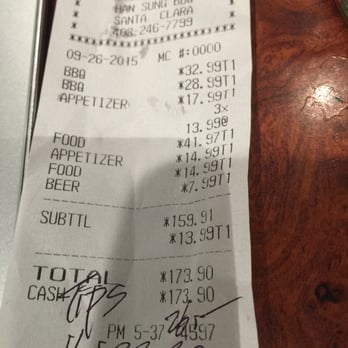 Han Sung BBQ - 6 people's dinner,the owner put the tips by her self.Be care for to be charged two times tip. - Korean Near Me - Santa Clara, California Han Sung BBQ - 6 people's dinner,the owner put the tips by her self.Be care for to be charged two times tip. - Korean Near Me - Santa Clara, California
