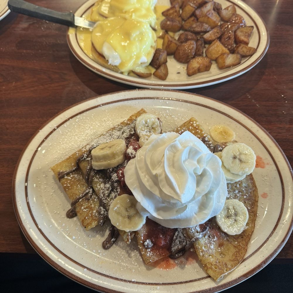 Pancakes R Us - Top plate is the Eggs Benedict and bottom plate is the 4 Nutella Crepes!!! - Desserts Near Me - Costa Mesa, California Pancakes R Us - Top plate is the Eggs Benedict and bottom plate is the 4 Nutella Crepes!!! - Desserts Near Me - Costa Mesa, California