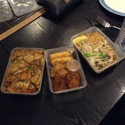 Valley Thai Restaurant - (L-R) Chicken pad see eew, mixed entree (spring rolls, fish cake and curry puff) and chicken pad Thai