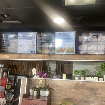 K-BOB - Menu on top, counter and ordering kiosk at left. - Korean Near Me - San Ramon, California