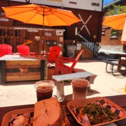 Avocado Toast, Moonridge Club Sandwich, Caramel Macchiato, and Iced Coffee on a nice sunny day