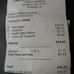 Carter's Baking Company - Receipt