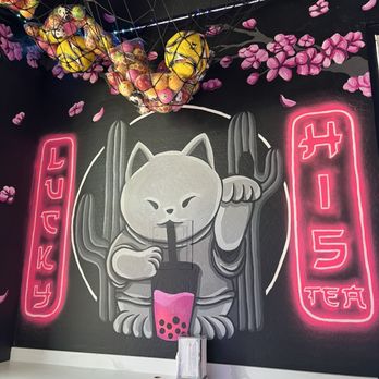 Hi 5 Tea - Wall artwork - lucky cat drinking boba and cacti in the background - Bubble Tea Near Me - Chandler, Arizona Hi 5 Tea - Wall artwork - lucky cat drinking boba and cacti in the background - Bubble Tea Near Me - Chandler, Arizona