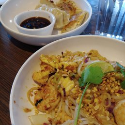 Side of mac, pot stickers, and regular sized pad Thai