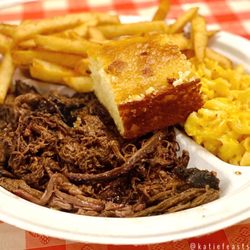 Outpost BBQ - Beef brisket with cornbread, fries and mac & cheese