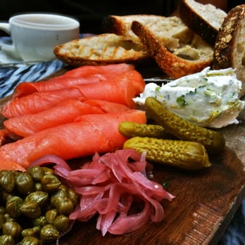 Gjelina - Smoked Salmon with House Pickles, Caper, Shaved Onion & Grilled Bread - New American Near Me - Venice, California Gjelina - Smoked Salmon with House Pickles, Caper, Shaved Onion & Grilled Bread - New American Near Me - Venice, California