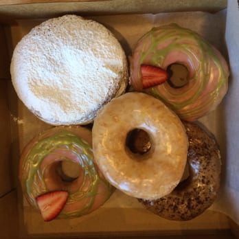 Vortex Doughnuts - Two berry glazed yeast, one raspberry jelly-filled yeast, one vanilla glazed yeast, and one espresso glazed cake. - Coffee & Tea Near Me - Asheville, North Carolina Vortex Doughnuts - Two berry glazed yeast, one raspberry jelly-filled yeast, one vanilla glazed yeast, and one espresso glazed cake. - Coffee & Tea Near Me - Asheville, North Carolina