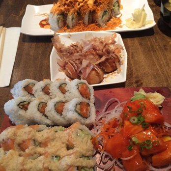 Sushi Nanaimo - Top to bottom: Awesome Roll w/ yam potato fries topping, takoyaki & spicy salmon combo (sub kappa roll for alaska roll) - Sushi Bars Near Me - Vancouver, British Columbia