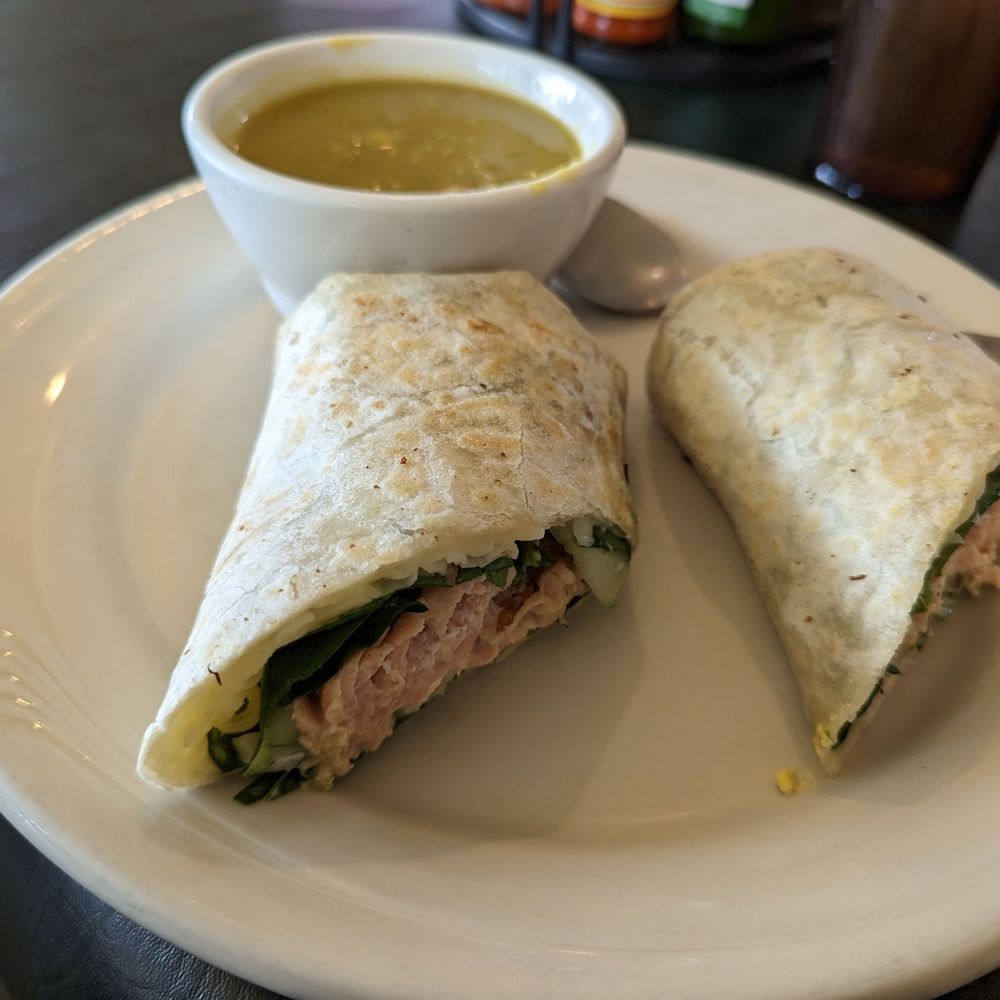 Salmon wrap with cup of split pea soup.
