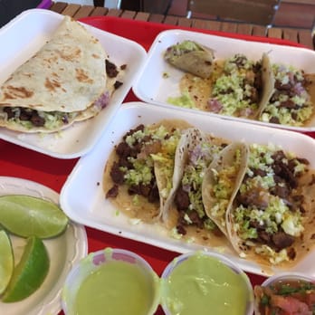 Backyard Taco - Asada quesadilla on the left and a bunch of Asada tacos with some of the Avocado salsa which is really good! - Tacos Near Me - Mesa, Arizona