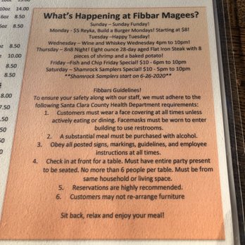 Fibbar MaGees - Happy hour menu and new C-19 Guidelines for your safety. - Irish Pub Near Me - Sunnyvale, California