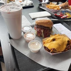 Cali Burger - Bacon Caliburger and chili cheese fries