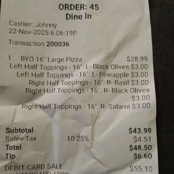 New York Pizza - The receipt for a $55 dollar pizza! Minus the lube - Pizza Near Me - Pleasanton, California New York Pizza - The receipt for a $55 dollar pizza! Minus the lube - Pizza Near Me - Pleasanton, California