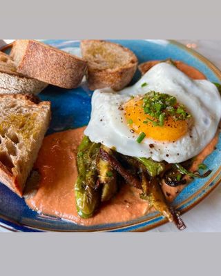 Photo of Holy Grale - Louisville, KY, US. Shishito & mushrooms in romesco w. sunny egg