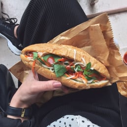 Bánh mì with pork and extra Sriracha sauce. If only the baguette would be less chewy and more crusty and light...