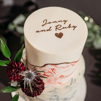 Butter& - Kintsugi Small Two-Tier Cookies + Cream cake, customized to add our wedding flowers, our names on top, and 2nd marble color to top layer - Patisserie/Cake Shop Near Me - San Francisco, California