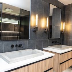 FD Remodeling - Floating vanities,  sconces lights.