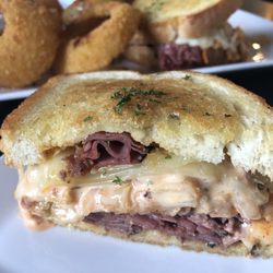 Finger Lakes Public House - Shared Rueben with Kimchi and onion rings. Yum!