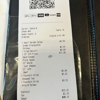 Pizzaiolo's - Bill for party of three - Italian Near Me - Tomball, Texas