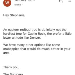 They admit that they sold us a tree that should not be planted in castle rock twice. Yet they still want more money from us. They admit that they sold us a tree that should not be planted in castle rock twice. Yet they still want more money from us.
