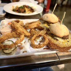 Flyway Brewing - Double beef cheddar bombs with onion rings