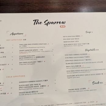 The Sparrow - Food menu (front). - Chinese Near Me - Atlanta, Georgia The Sparrow - Food menu (front). - Chinese Near Me - Atlanta, Georgia