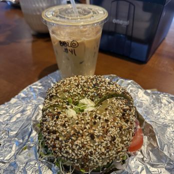 Tahoe Bagel - Veggie on a pesto everything bagel - Bagels Near Me - Reno, Nevada Tahoe Bagel - Veggie on a pesto everything bagel - Bagels Near Me - Reno, Nevada