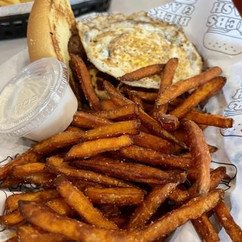 Biebs & Ash - Mornin smash with sweet potato fries and marshmallow fluff - Burgers Near Me - Mishawaka, Indiana