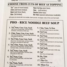 Pho section of the menu as of October 2019 Pho section of the menu as of October 2019