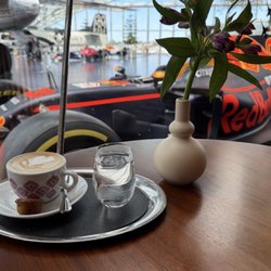 Hangar 7 - The perfect cappuccino at the awesome Hangar 7 museum and gallery Formula 1 race week, Salzburg Austria June 2026.