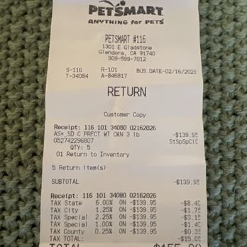 PetSmart - Refund due to the mistake receipt - Pet Stores Near Me - Glendora, California