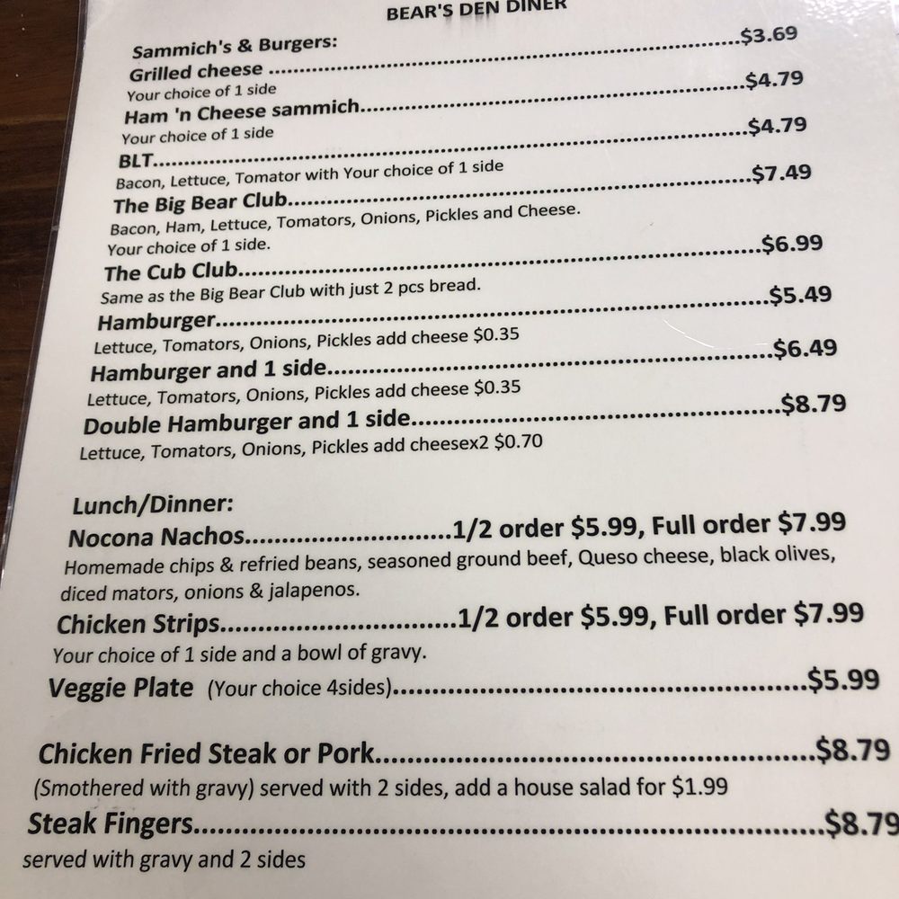 Bear's Den Diner - Menu as of 12/16/23 - Burgers Near Me - Nocona, Texas Bear's Den Diner - Menu as of 12/16/23 - Burgers Near Me - Nocona, Texas