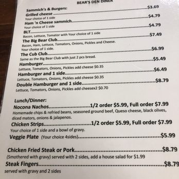Bear's Den Diner - Menu as of 12/16/23 - Burgers Near Me - Nocona, Texas Bear's Den Diner - Menu as of 12/16/23 - Burgers Near Me - Nocona, Texas