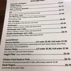 Bear's Den Diner - Menu as of 12/16/23